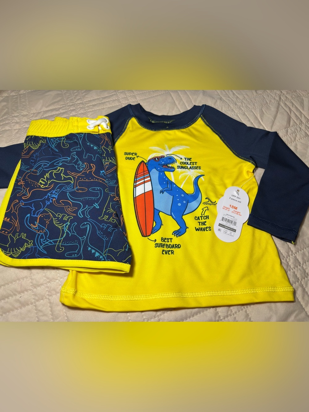 Wonder Nation 18M Yellow & Navy Dino Surf Rashguard Set